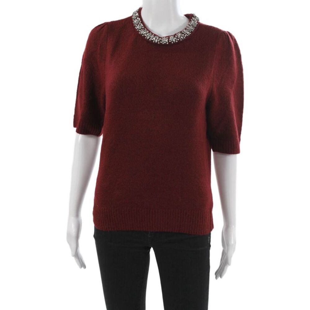 Marled Women Pullover Sweater Red Embellished Short Sleeve Round Neck Size S